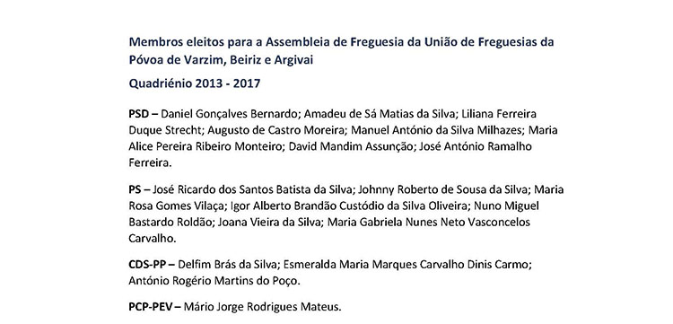 União de Freguesia Póvoa de Varzim, Beiriz e Argivai - lista